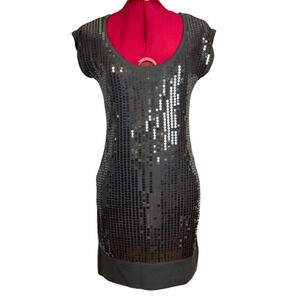 Grey sequin stretch knit sleeveless evening dress with scoop neck wide  hem